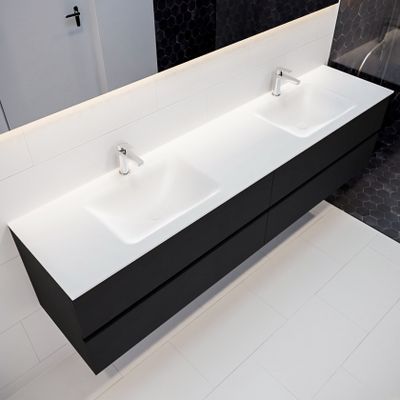Mondiaz Vica Cloud badmeubel zwart mat 200 cm 4 lades solid surface dubbele spoelbak 2 kraangaten