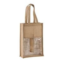 Cadeautas verpakking voor 2 flessen wijn/champagne - jute met transparant venster