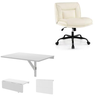 Witte Opvouwbare Wandtafel en Witte Bureaustoel met Wieltjes Opvouwbare Tafel voor Kleine Ruimtes en Stoel Zonder Armleuningen met Wieltjes