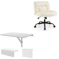 Witte Opvouwbare Wandtafel en Witte Bureaustoel met Wieltjes Opvouwbare Tafel voor Kleine Ruimtes en Stoel Zonder Armleuningen met Wieltjes