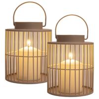 Windlicht/kaarsenhouder buiten lantaarn - 2x - beige/zand - 15 x 18 cm - metaal - Incl. LED kaars