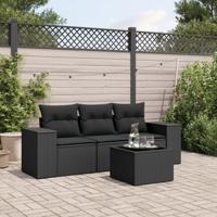 4-delige Loungeset met kussens poly rattan zwart