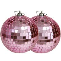 Othmar Decorations disco kerstballen - 2x - roze - 10 cm - kunststof - Kerstbal - thumbnail