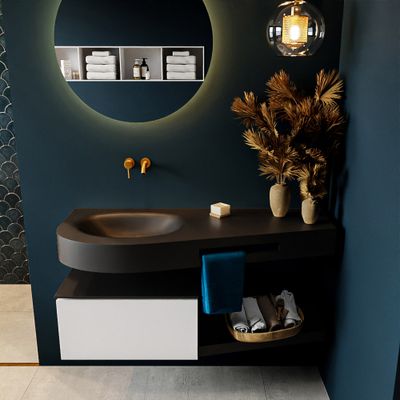MONDIAZ RIVA 120cm badmeubel onderkast / planchet kleur Talc met 1 lade. Wastafel DULCET links 0 kraangaten kleur Urban. MONDIAZ RIVA 120cm badmeubel onderkast / planchet kleur Talc met 1 lade. Wastafel DULCET links 0 kraangaten kleur Urban.