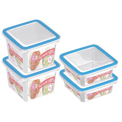 4x Voorraad/vershoudbakjes 1 en 2 liter transparant/blauw
