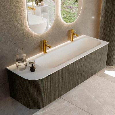 Badmeubel Mondiaz Kurve | 145 cm cm | Meubelkleur Shadow | Wastafelkleur Talc | Solid surface | Wasbak rechter zijde spoelbak | 2 kraangaten