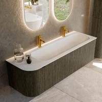 Badmeubel Mondiaz Kurve | 145 cm cm | Meubelkleur Shadow | Wastafelkleur Talc | Solid surface | Wasbak rechter zijde spoelbak | 2 kraangaten