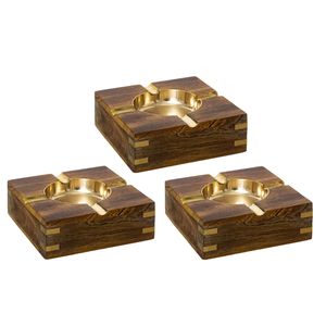 Set van 3x stuks terras asbakken vierkant metaal/hout 10 x 4 cm goud