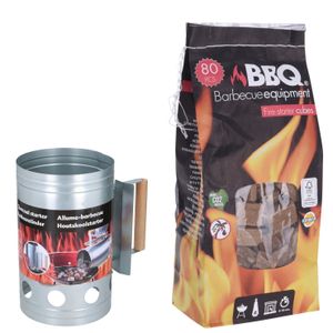 BBQ briketten/houtskool starter met houten handvat 27 cm met 80x BBQ aanmaakblokjes