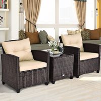 3-delige Patio Set Buiten Rotan Set Tuinmeubelen Rotan met Zitkussen & Salontafel Buitenmeubelset Geel + Bruin