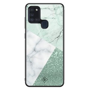 Samsung Galaxy A21s glazen hardcase - Minty marmer collage