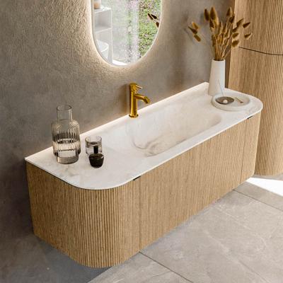 Badmeubel Mondiaz Kurve-Dlux | 130 cm | Meubelkleur Oak | Wastafelkleur Frappe | Solid surface | Midden spoelbak | 1 kraangat