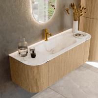 Badmeubel Mondiaz Kurve-Dlux | 130 cm | Meubelkleur Oak | Wastafelkleur Frappe | Solid surface | Midden spoelbak | 1 kraangat