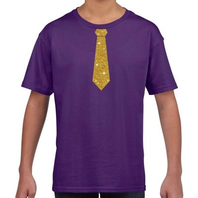 Verkleedkleding t-shirt - paars - met kleine Stropdas - goud glitters - kinderen - carnaval