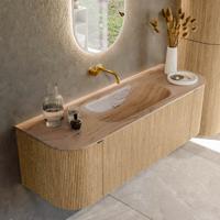 Badmeubel Mondiaz Kurve-Dlux | 140 cm | Meubelkleur Oak | Wastafelkleur Arena | Solid surface | Wasbak midden spoelbak | Zonder kraangat(en)