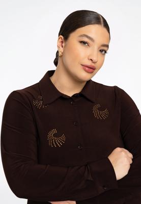 Yoek Blouse flare met strass | Bruin | Maat 50/52