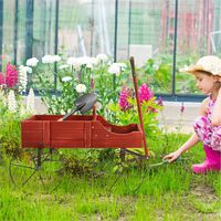 Houten Bolderkar Bloem/Plantenbak Decoratieve Pot Standaard met Wielen en 2 Planten Secties Buiten Tonnetje Planter Rood