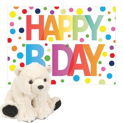 Pluche dieren knuffel ijsbeer 20 cm met Happy Birthday wenskaart