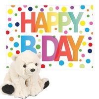 Pluche dieren knuffel ijsbeer 20 cm met Happy Birthday wenskaart - thumbnail