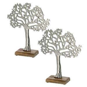 2x Stuks decoratie levensboom van aluminium op houten voet 25 cm zilver