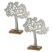 2x Stuks decoratie levensboom van aluminium op houten voet 25 cm zilver - thumbnail