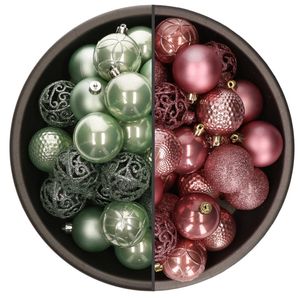 74x stuks kunststof kerstballen mix van mintgroen en oudroze 6 cm - Kerstbal