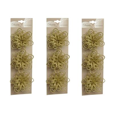 Kerstboomversiering Bloemen - 9x stuks - 11 cm - goud glitter - op clip - ornament