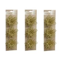 Kerstboomversiering Bloemen - 9x stuks - 11 cm - goud glitter - op clip - ornament