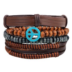 Armbanden set bruin leer met houten kralen en Peace Logo