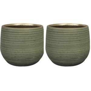 Plantenpot - 2x - keramiek - donkergroen - stripes - 15x13cm