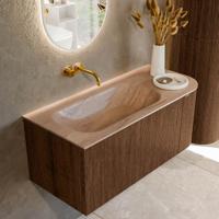 Badmeubel Mondiaz Kurve-Dlux | 105 cm | Meubelkleur Walnut | Wastafelkleur Saba | Solid surface | Wasbak linker zijde spoelbak | Zonder kraangat(en)