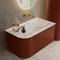 Badmeubel Mondiaz Kurve-Dlux | 85 cm cm | Meubelkleur Ruby | Wastafelkleur Glace | Solid surface | Wasbak rechter zijde spoelbak | Zonder kraangat(en)