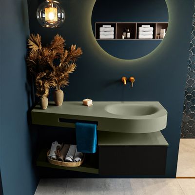 MONDIAZ RIVA 120cm badmeubel onderkast / planchet kleur Urban met 1 lade. Wastafel DULCET rechts 0 kraangaten kleur Army.