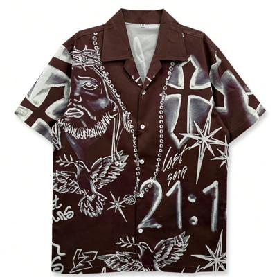 Men's Short Sleeve Floral and Abstract Print Casual Lapel Shirt Coffee Brown / L Men's Short Sleeve Floral and Abstract Print Casual Lapel Shirt Coffee Brown / L