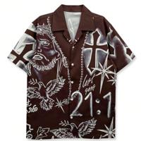 Men's Short Sleeve Floral and Abstract Print Casual Lapel Shirt Coffee Brown / L