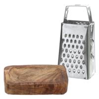 Amberblokjes/geurblokjes accessoire set - kleine rasp en schaaltje - zilver/mango hout