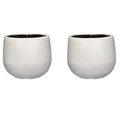 Mica Decorations Plantenpot - Set van 3x stuks - wit - motief - keramiek - 16x14cm