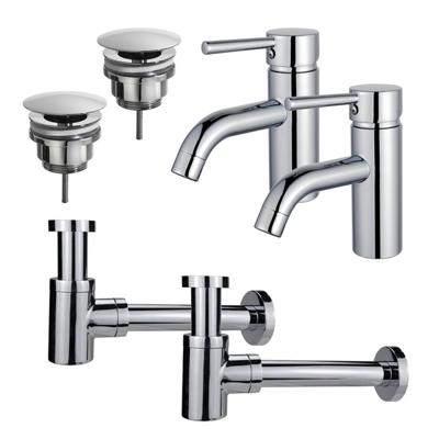 Fortifura Calvi Wastafelkraanset - voor dubbele wastafel - lage wastafelkraan - always open plug - verlaagde design sifon - Chroom 2x SW377810/2x SW696209/2x SW696219