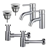 Fortifura Calvi Wastafelkraanset - voor dubbele wastafel - lage wastafelkraan - always open plug - verlaagde design sifon - Chroom 2x SW377810/2x SW696209/2x SW696219