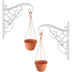 Set van 2x stuks witte Akant sierlijke bloempothanger met hangende terracotta bloempot 2 liter