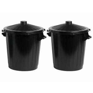 Vuilnisbak/prullenbak emmer met deksel - 2x - 80 liter - Zwart - 51 x 65 cm - kunststof