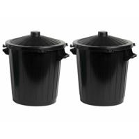 Vuilnisbak/prullenbak emmer met deksel - 2x - 80 liter - Zwart - 51 x 65 cm - kunststof