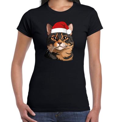 Kerst T-shirt voor dames - bruine kat/poes met kerstmuts - zwart - Kerstfeest Kerst T-shirt voor dames - bruine kat/poes met kerstmuts - zwart - Kerstfeest