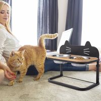 Voederstation voor Katten Verhoogd 3-Voudig in Hoogte Verstelbaar Kattenbak van Bamboe en Metaal met 2 Roestvrijstalen Bakken - thumbnail