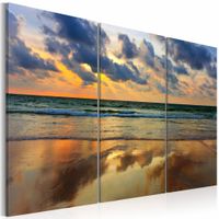 Schilderij - Zonsondergang Noordzee, 3luik , oranje blauw , wanddecoratie , premium print op canvas - thumbnail