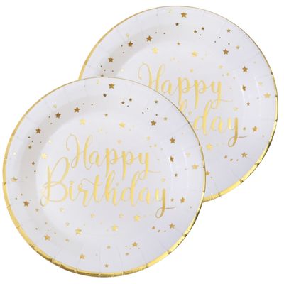 Verjaardag feest bordjes happy birthday - 20x - wit - karton - 22 cm - rond