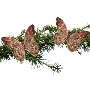 2x stuks kerstboom decoratie vlinders op clip glitter bruin 18 cm - Kersthangers