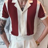 Men's Navy Blue Striped Knit Polo - Short Sleeve Crochet Top Burgundy / L