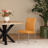 Set van 6 leren eetkamerstoelen Comfort - met wieltjes en zonder armleuning - Toledo Leer Sabbia - Poot - Rond - RVS - Skate wiel transparant - thumbnail