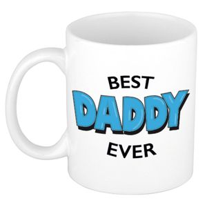 Best daddy ever cadeau mok / beker wit met blauwe cartoon letters 300 ml